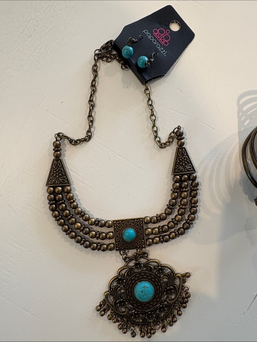 Boho Turquoise Pendant Necklace and Cuff Bracelet Set - Paparazzi - Picture 2 of 4
